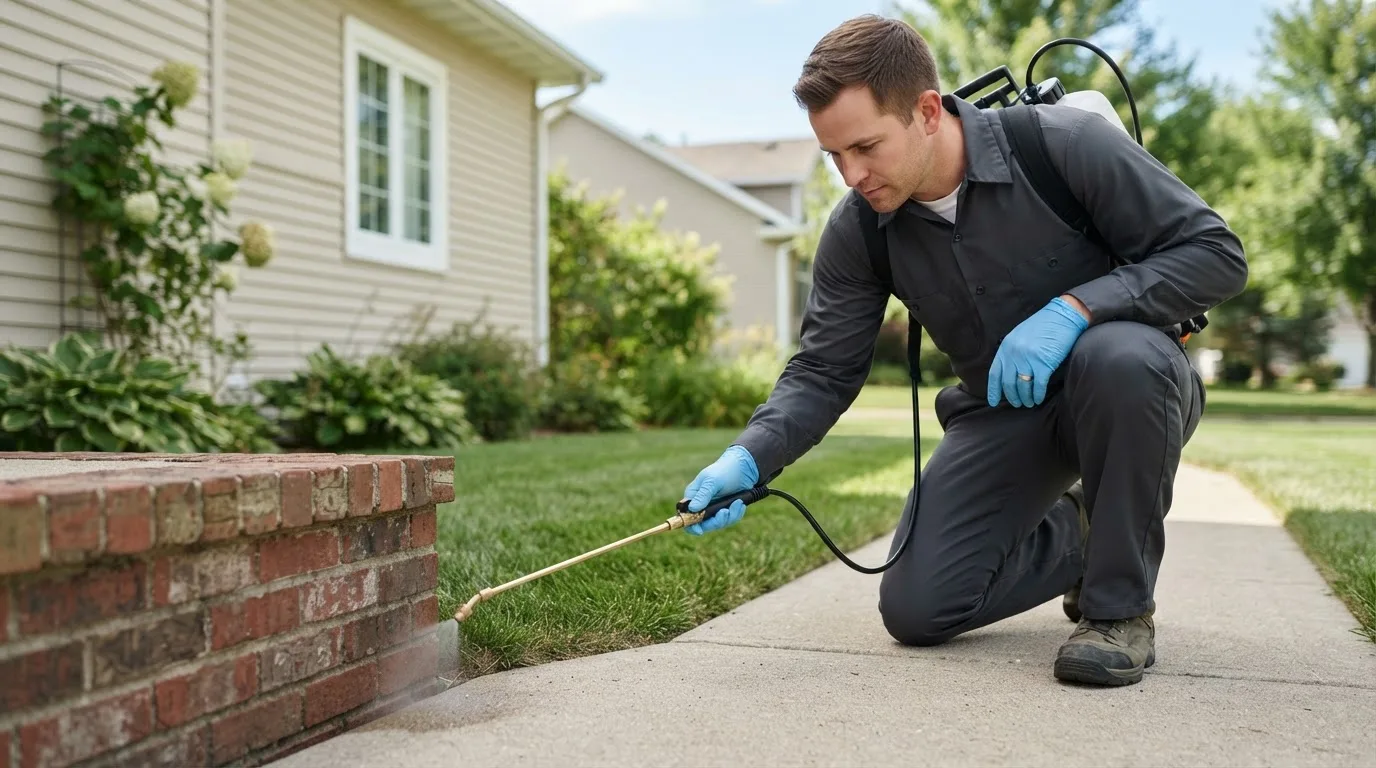 Pest control technician treating a home near Biscoe, NC
