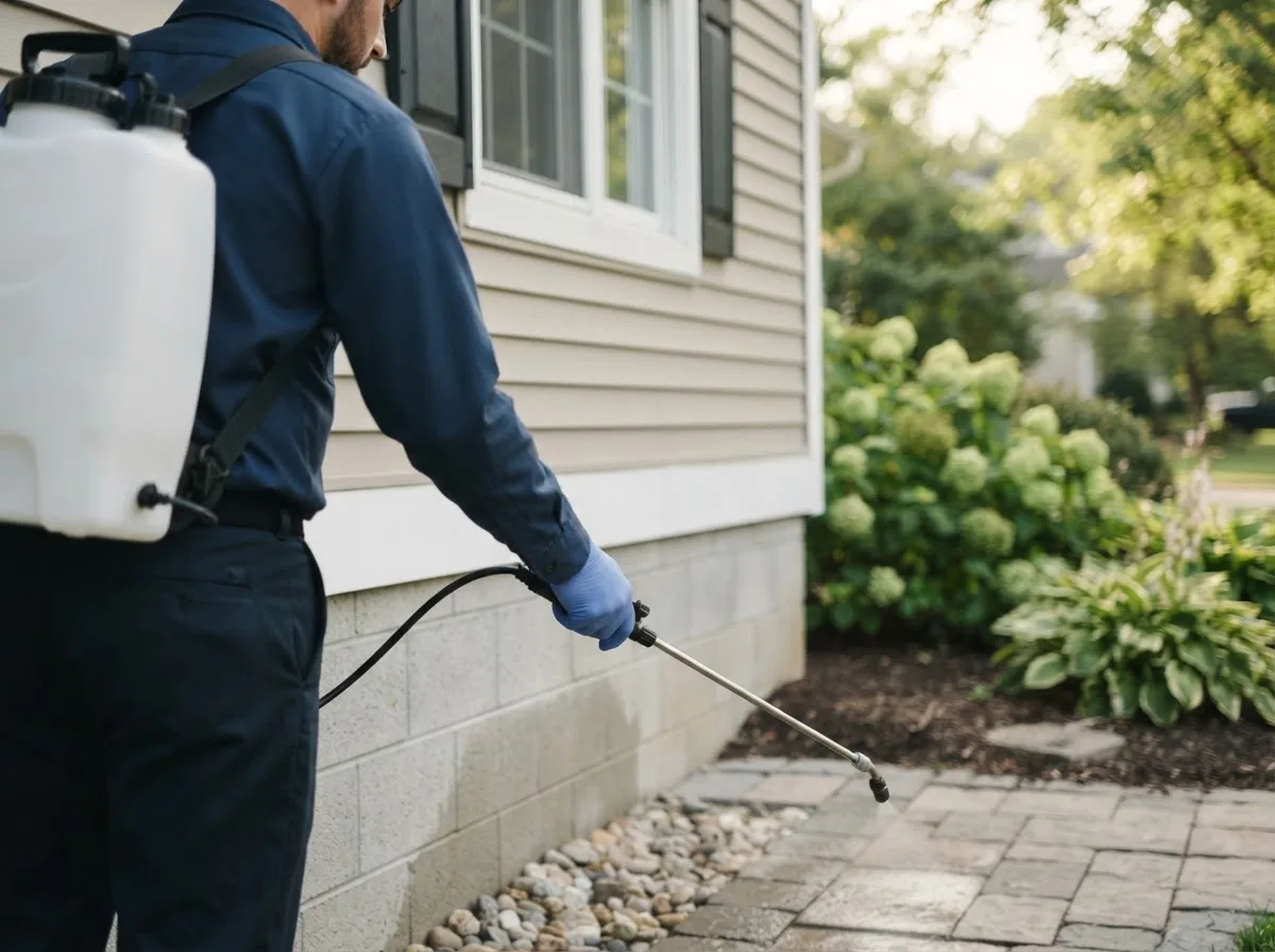 Pest control technician inspecting a home in Biscoe, NC